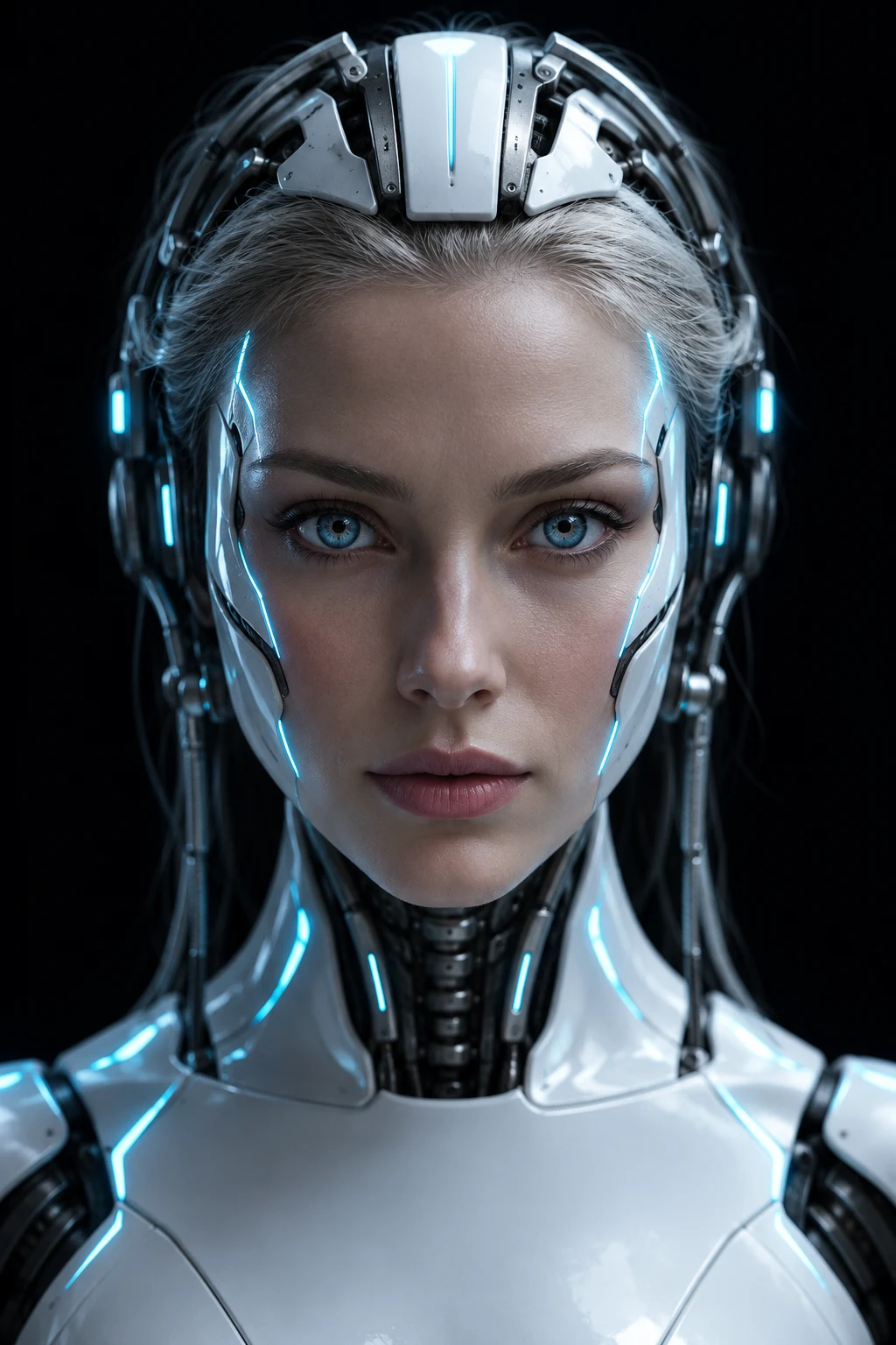 A lifelike cybernetic woman with blue eyes and fine cyan lights.